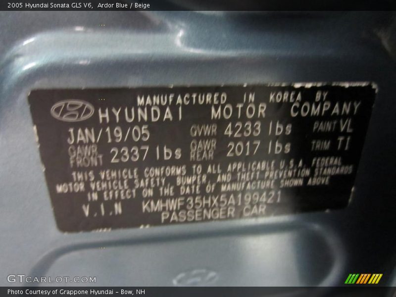 Ardor Blue / Beige 2005 Hyundai Sonata GLS V6