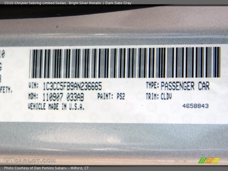 Bright Silver Metallic / Dark Slate Gray 2010 Chrysler Sebring Limited Sedan