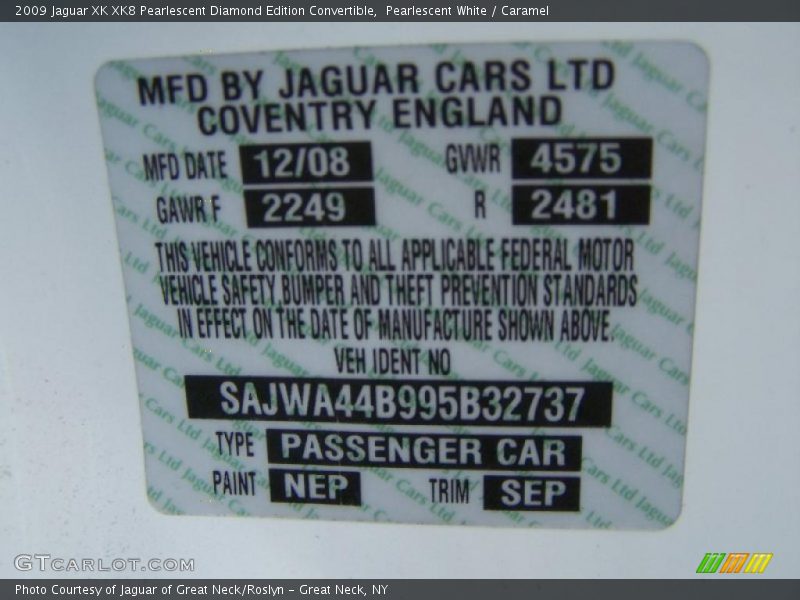 2009 XK XK8 Pearlescent Diamond Edition Convertible Pearlescent White Color Code NEP