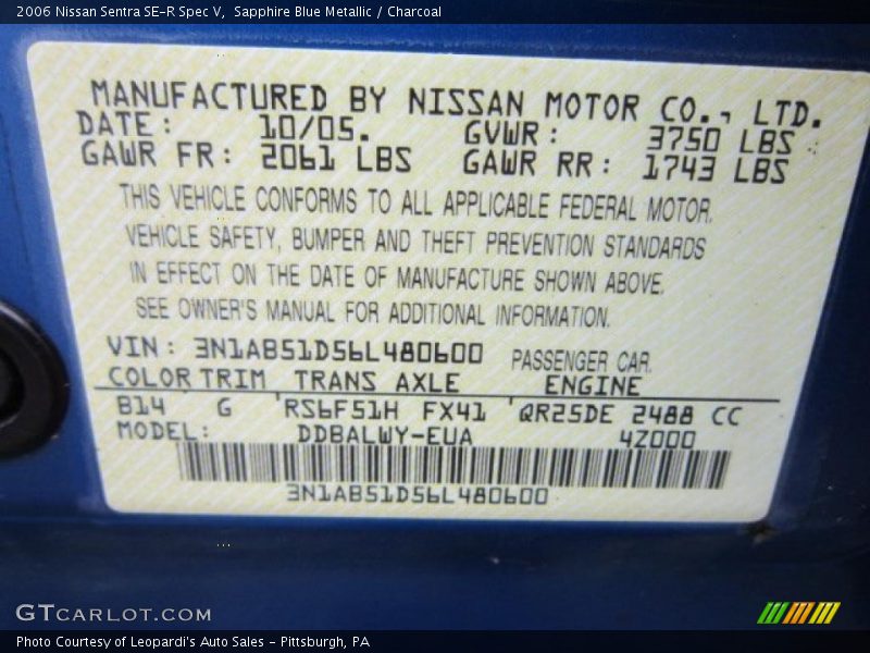 2006 Sentra SE-R Spec V Sapphire Blue Metallic Color Code B14