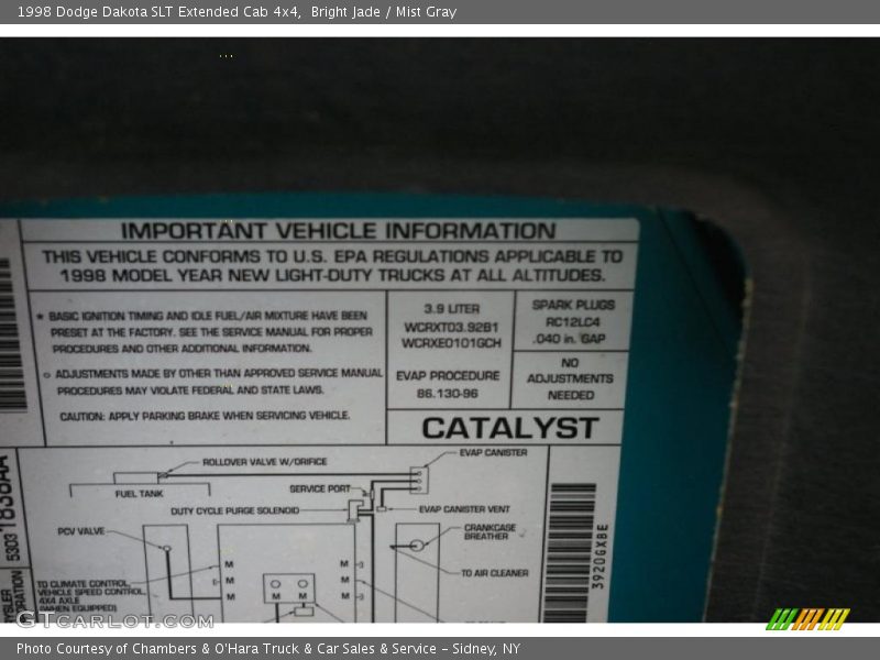 Info Tag of 1998 Dakota SLT Extended Cab 4x4