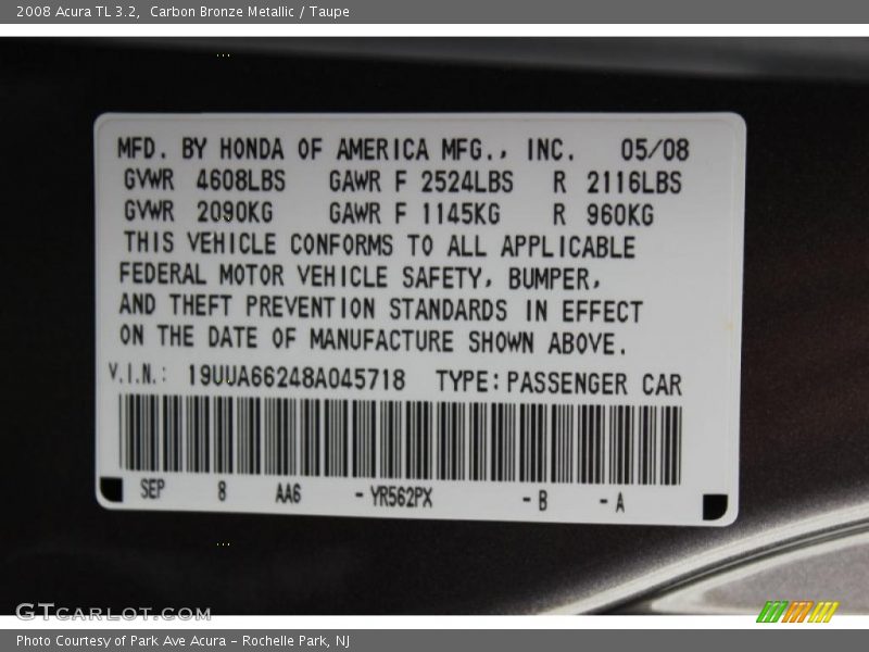 Carbon Bronze Metallic / Taupe 2008 Acura TL 3.2
