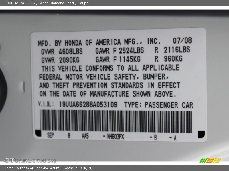 White Diamond Pearl / Taupe 2008 Acura TL 3.2