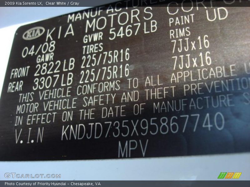 Clear White / Gray 2009 Kia Sorento LX