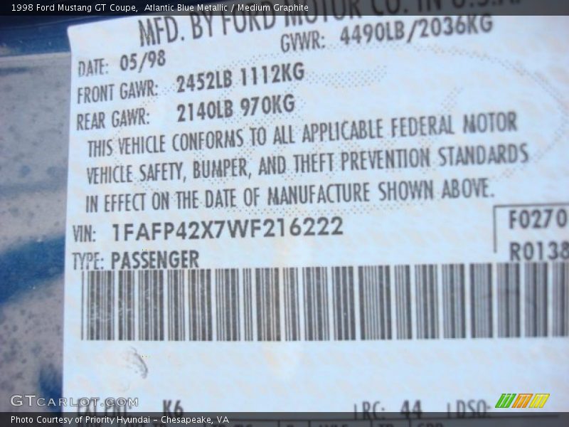 1998 Mustang GT Coupe Atlantic Blue Metallic Color Code K6