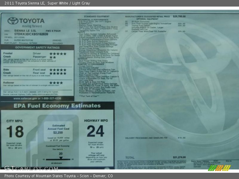 Super White / Light Gray 2011 Toyota Sienna LE