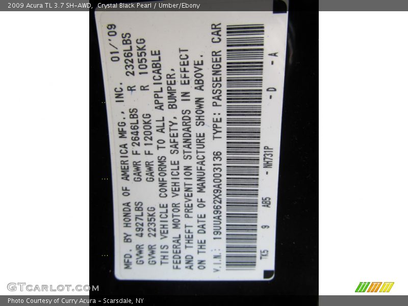 2009 TL 3.7 SH-AWD Crystal Black Pearl Color Code NH731P
