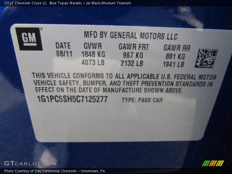 Blue Topaz Metallic / Jet Black/Medium Titanium 2012 Chevrolet Cruze LS
