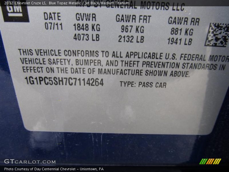 Blue Topaz Metallic / Jet Black/Medium Titanium 2012 Chevrolet Cruze LS