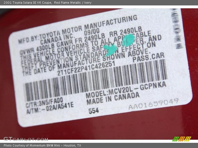 Red Flame Metallic / Ivory 2001 Toyota Solara SE V6 Coupe