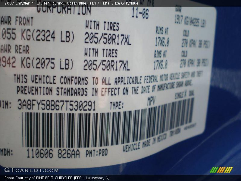 2007 PT Cruiser Touring Ocean Blue Pearl Color Code PBD