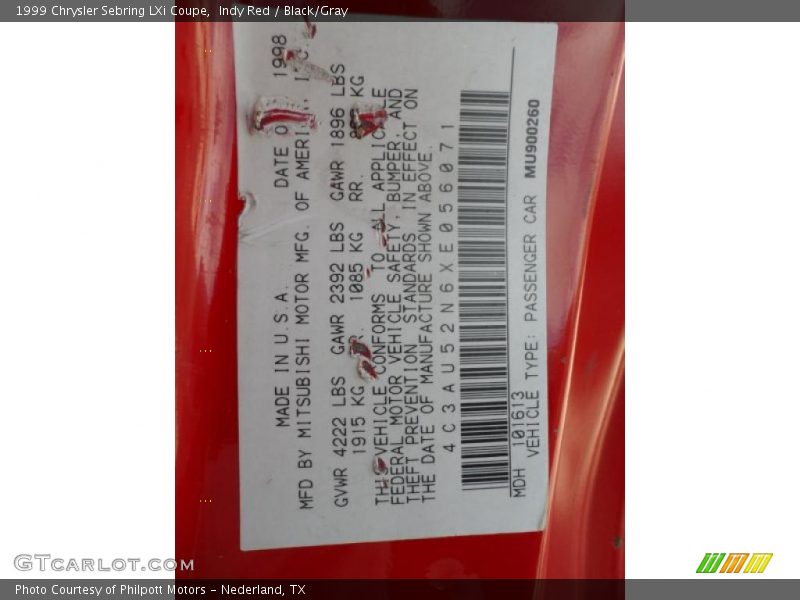 Info Tag of 1999 Sebring LXi Coupe