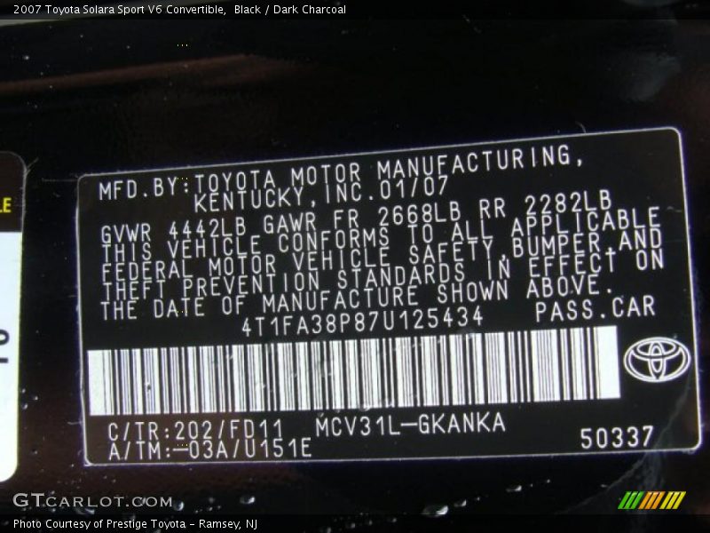 Black / Dark Charcoal 2007 Toyota Solara Sport V6 Convertible