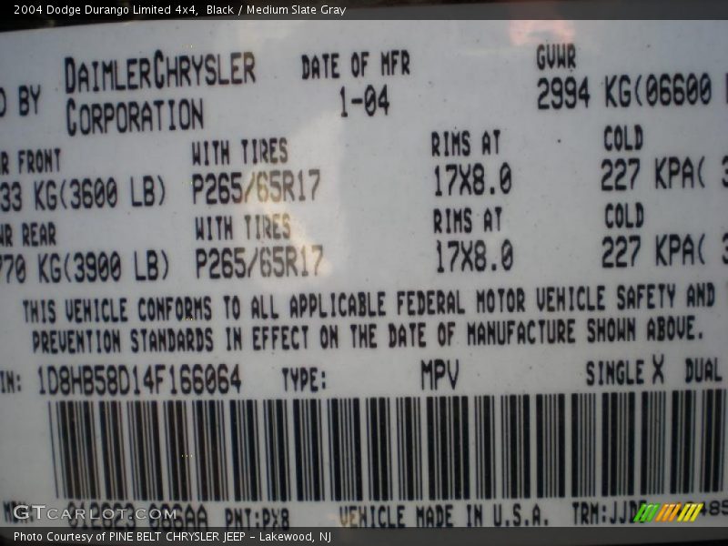 Black / Medium Slate Gray 2004 Dodge Durango Limited 4x4