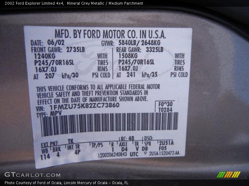 2002 Explorer Limited 4x4 Mineral Grey Metallic Color Code TK