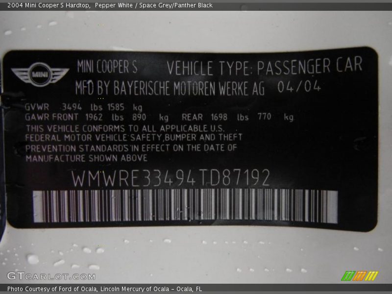 Pepper White / Space Grey/Panther Black 2004 Mini Cooper S Hardtop