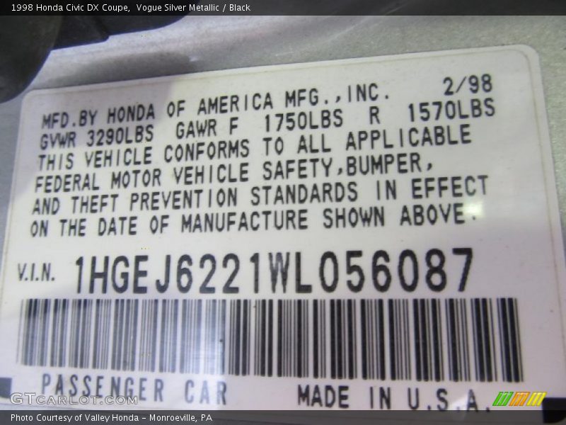 Vogue Silver Metallic / Black 1998 Honda Civic DX Coupe