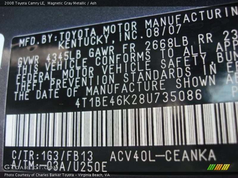 Magnetic Gray Metallic / Ash 2008 Toyota Camry LE