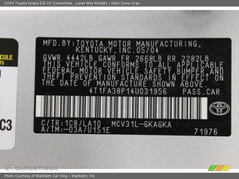 2004 Solara SLE V6 Convertible Lunar Mist Metallic Color Code 1C8
