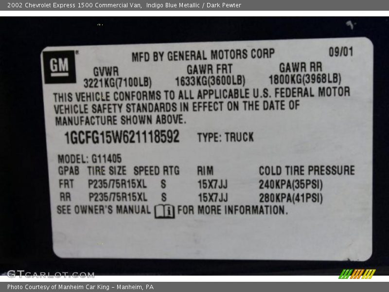Indigo Blue Metallic / Dark Pewter 2002 Chevrolet Express 1500 Commercial Van