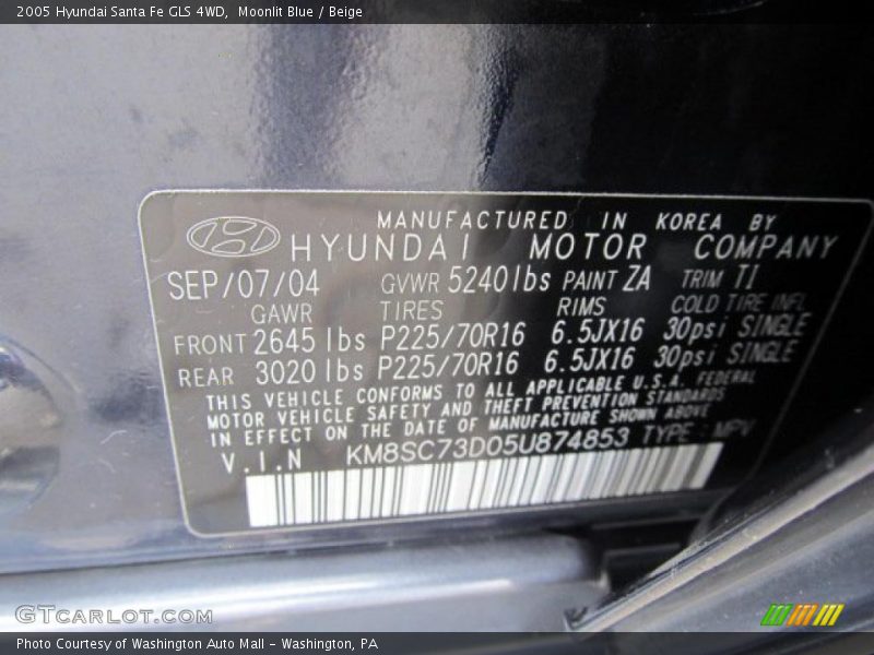 Moonlit Blue / Beige 2005 Hyundai Santa Fe GLS 4WD