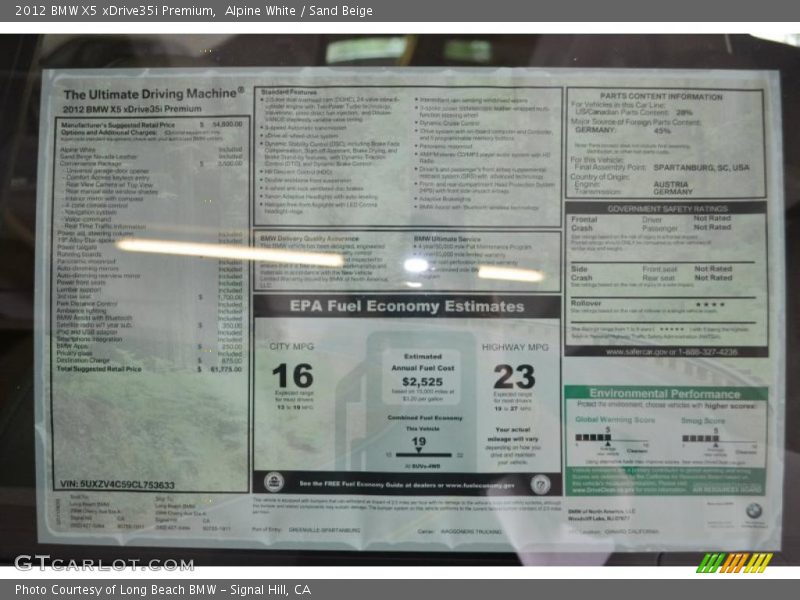 Alpine White / Sand Beige 2012 BMW X5 xDrive35i Premium