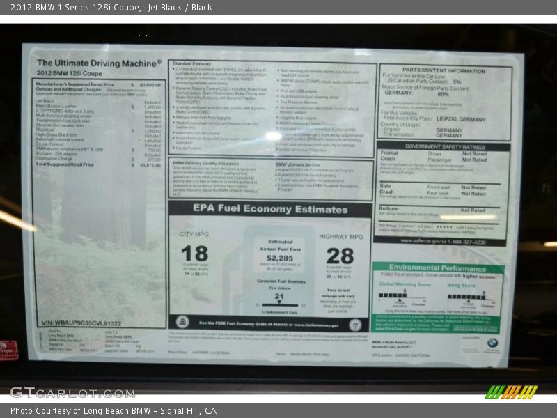  2012 1 Series 128i Coupe Window Sticker