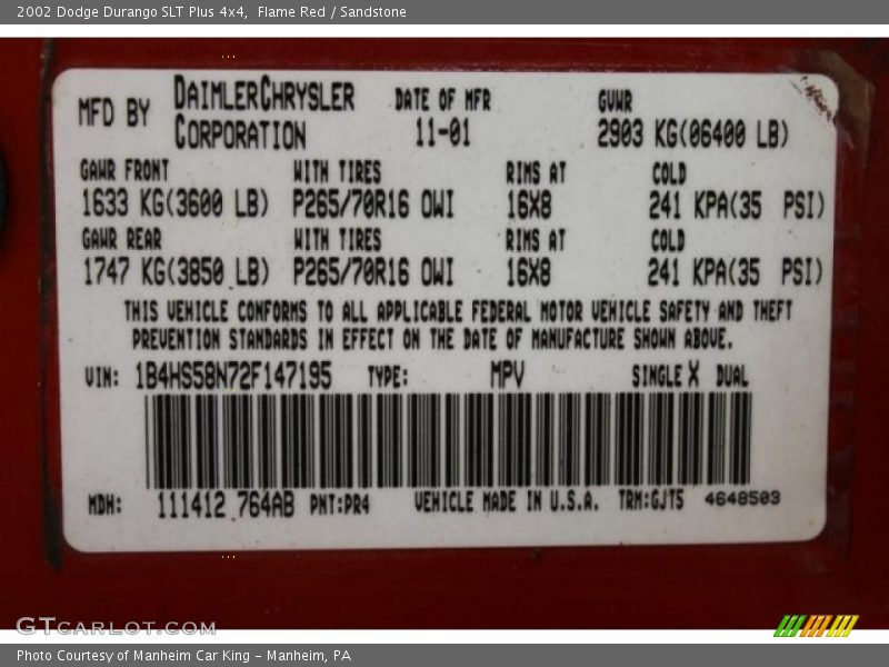 Flame Red / Sandstone 2002 Dodge Durango SLT Plus 4x4