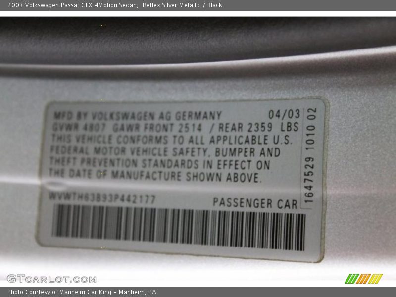 Reflex Silver Metallic / Black 2003 Volkswagen Passat GLX 4Motion Sedan