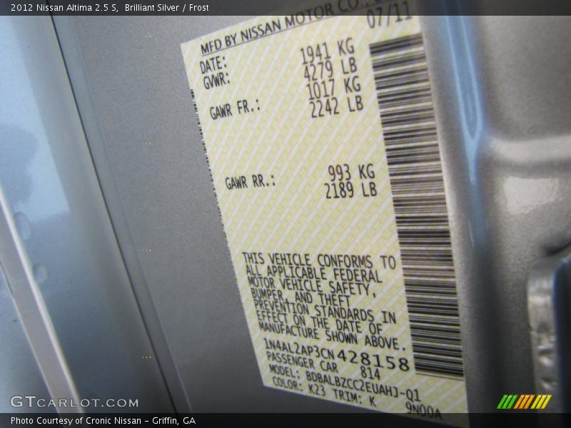 Brilliant Silver / Frost 2012 Nissan Altima 2.5 S