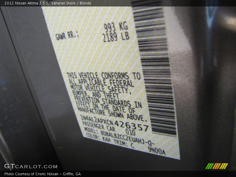 2012 Altima 2.5 S Saharan Stone Color Code KAH