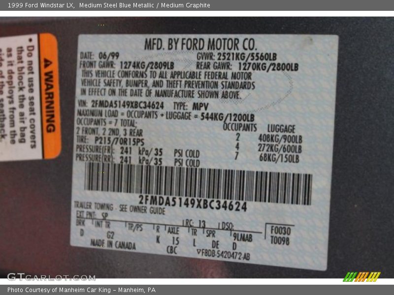 Medium Steel Blue Metallic / Medium Graphite 1999 Ford Windstar LX