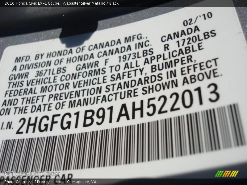 Alabaster Silver Metallic / Black 2010 Honda Civic EX-L Coupe