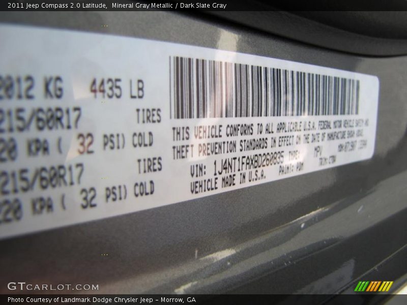 Mineral Gray Metallic / Dark Slate Gray 2011 Jeep Compass 2.0 Latitude