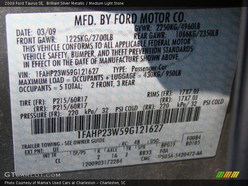 2009 Taurus SE Brilliant Silver Metallic Color Code UI