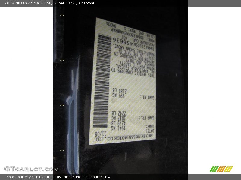 Super Black / Charcoal 2009 Nissan Altima 2.5 SL