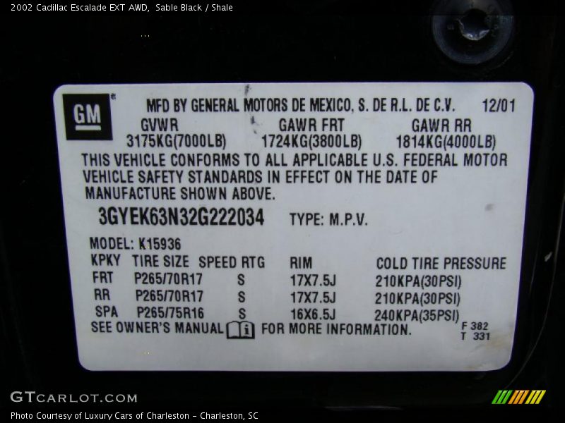 Sable Black / Shale 2002 Cadillac Escalade EXT AWD