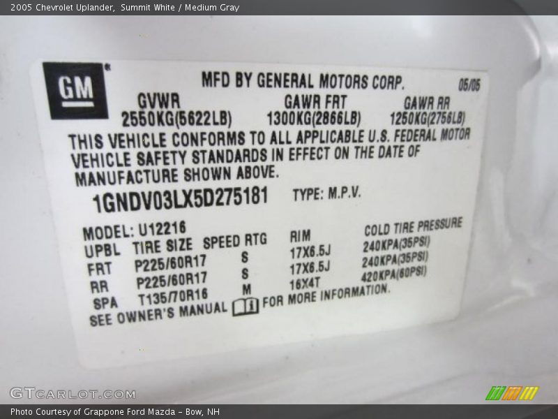 Summit White / Medium Gray 2005 Chevrolet Uplander