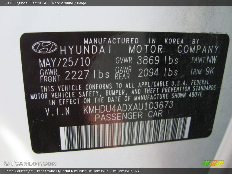 Nordic White / Beige 2010 Hyundai Elantra GLS