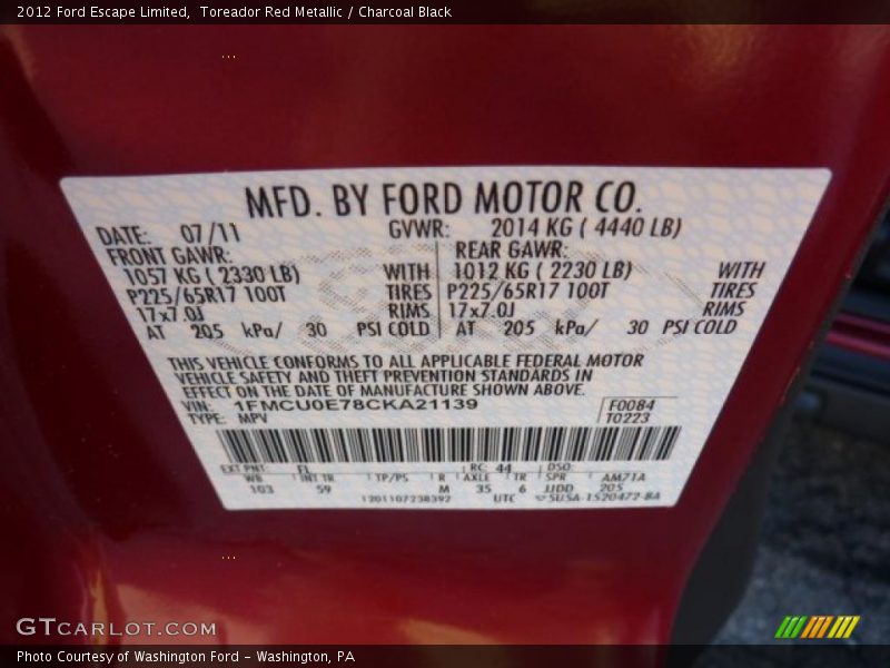 2012 Escape Limited Toreador Red Metallic Color Code FL