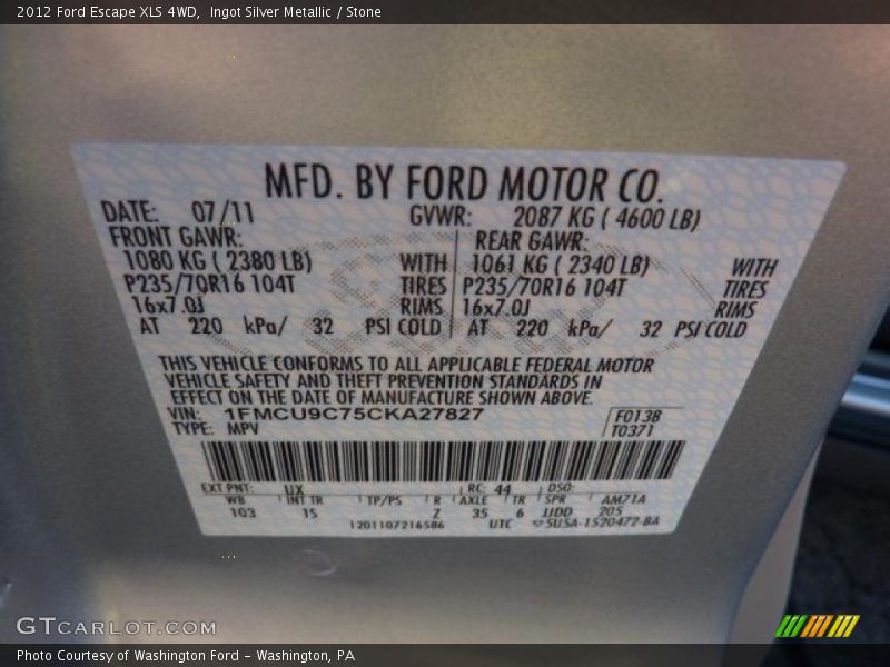 2012 Escape XLS 4WD Ingot Silver Metallic Color Code UX