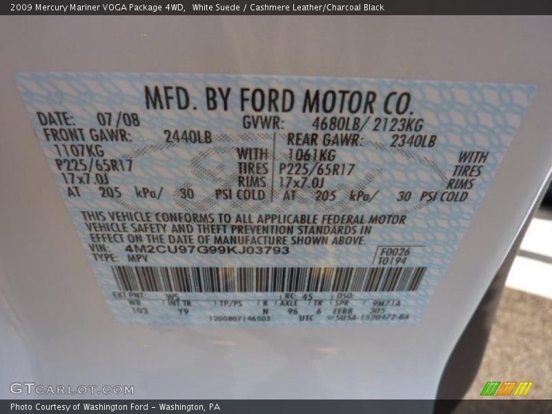 2009 Mariner VOGA Package 4WD White Suede Color Code WS