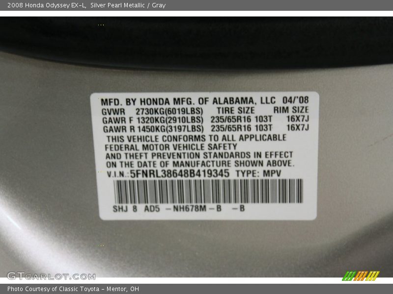 Silver Pearl Metallic / Gray 2008 Honda Odyssey EX-L