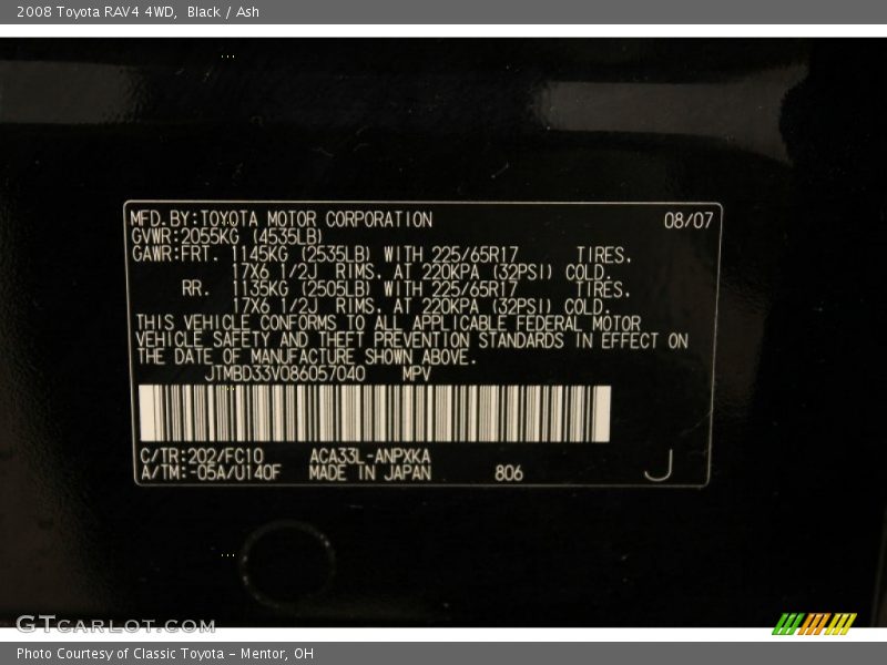 Black / Ash 2008 Toyota RAV4 4WD