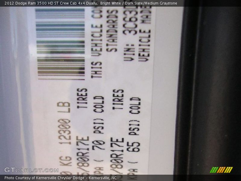 Bright White / Dark Slate/Medium Graystone 2012 Dodge Ram 3500 HD ST Crew Cab 4x4 Dually