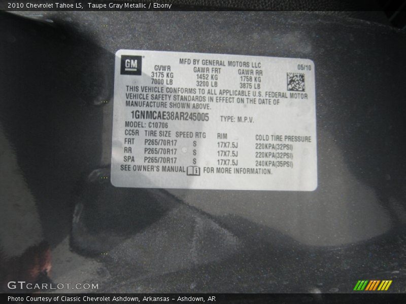 Taupe Gray Metallic / Ebony 2010 Chevrolet Tahoe LS