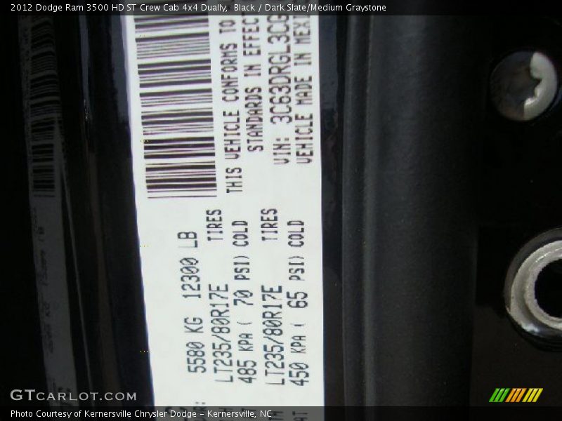 Black / Dark Slate/Medium Graystone 2012 Dodge Ram 3500 HD ST Crew Cab 4x4 Dually