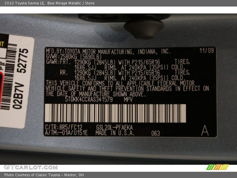Blue Mirage Metallic / Stone 2010 Toyota Sienna LE