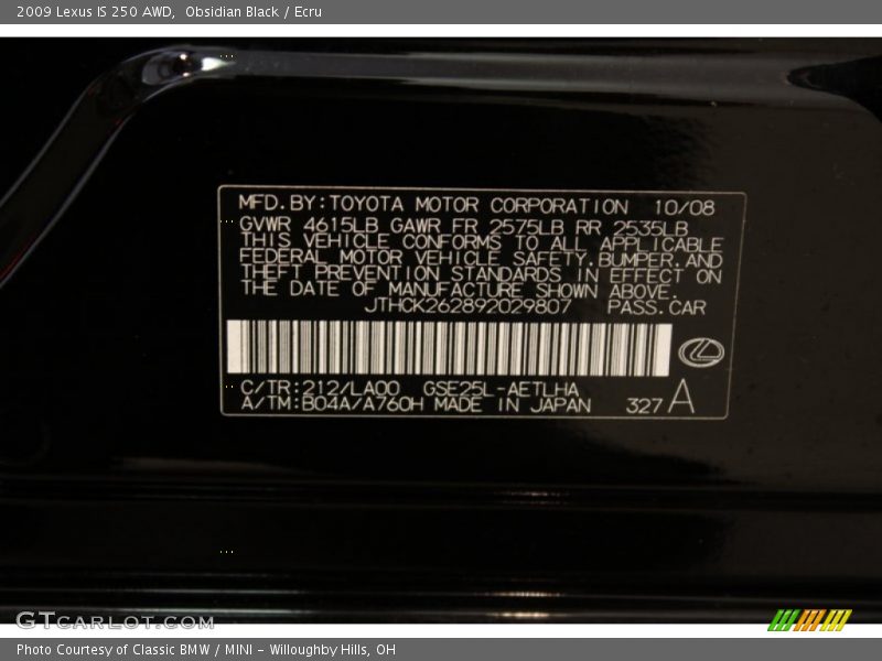 Obsidian Black / Ecru 2009 Lexus IS 250 AWD