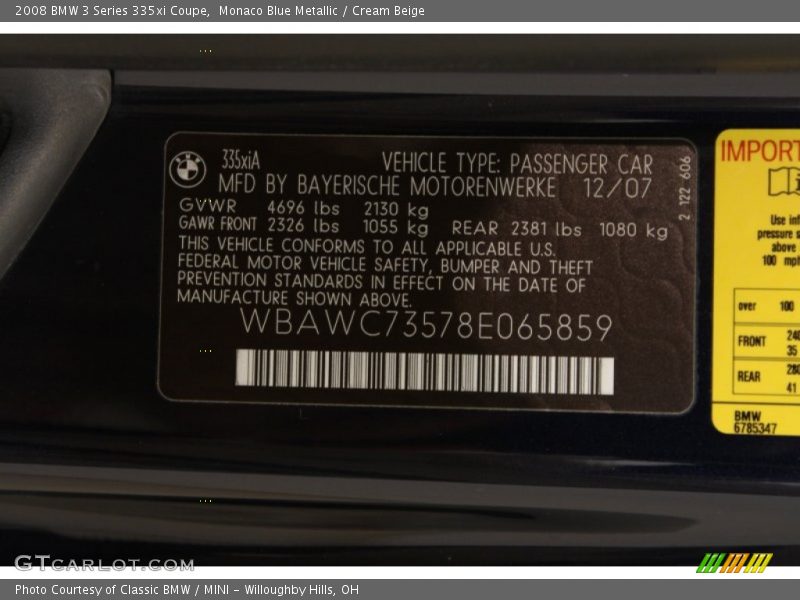 Monaco Blue Metallic / Cream Beige 2008 BMW 3 Series 335xi Coupe